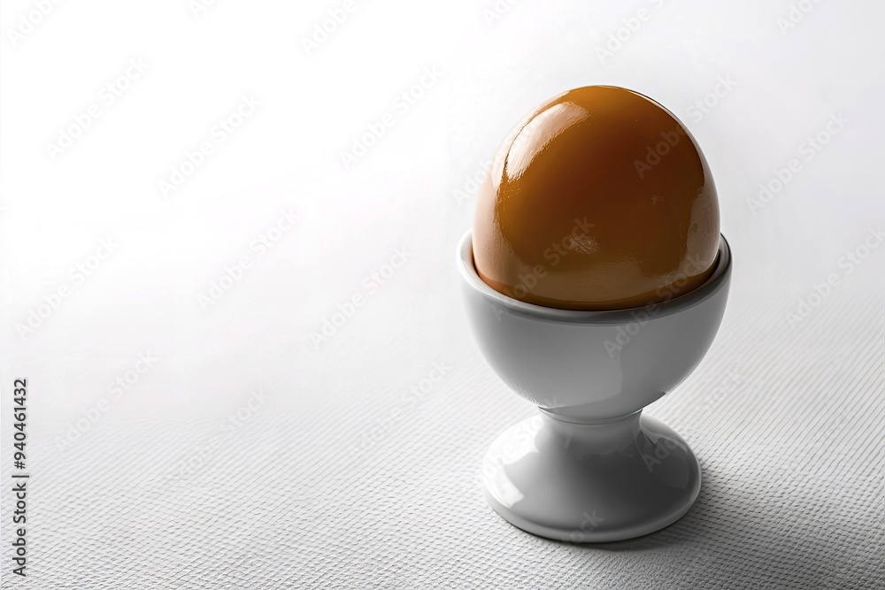 A pristine and eye-catching photograph of a single, perfectly-formed egg nestled in a classic egg cup A pristine and eye-catching photograph of a single, perfectly-formed egg nestled in a classic egg cup