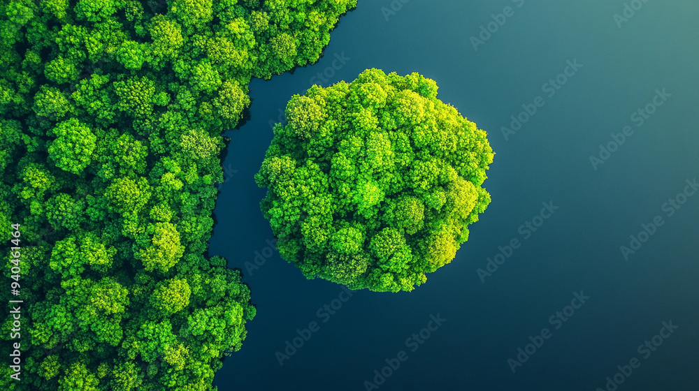 Aerial view of a tranquil lake surrounded by lush green forest, capturing a serene and peaceful natural landscape Aerial view of a tranquil lake surrounded by lush green forest, capturing a serene and peaceful natural landscape
