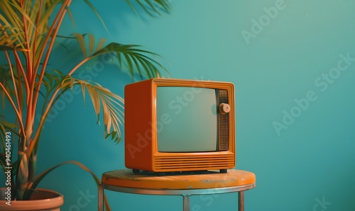 Retro old orange TV receiver on table front gradient aquamarine wall background. Vintage style filtered photo photo