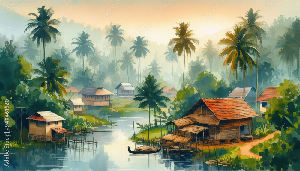 Kerala village landscape with mountains, coconut trees and small houses. Watercolor style Kerala village landscape. AI Generated Kerala village landscape with mountains, coconut trees and small houses. Watercolor style Kerala village landscape. AI Generated