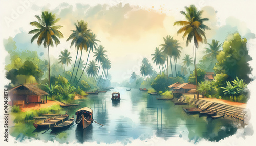 Kerala landscape with coconut trees and old huts, Kerala Backwaters with boats, Watercolor style Kerala backwaters landscape, AI Generated