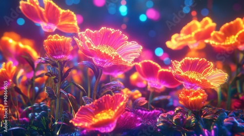 Vibrant Neon Flowers in a Dreamlike Garden