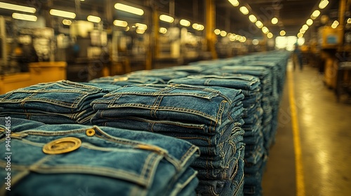 Stack of Blue Jeans in a Factory Setting