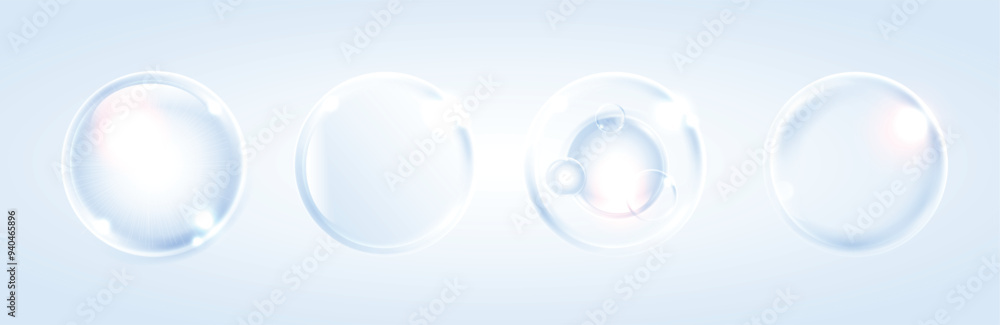 Obraz premium Hyaluronic acid bubbles, collagen clear drops on blue background. cosmetic serum. osmetic essence. concept skincare cosmetics solution.