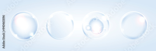 Hyaluronic acid bubbles, collagen clear drops on blue background. cosmetic serum. osmetic essence. concept skincare cosmetics solution.