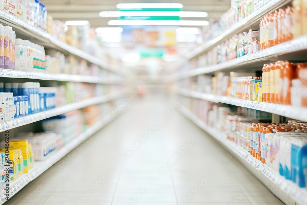 Blurry supermarket shelves with focus on consumer goods aisle Blurry supermarket shelves with focus on consumer goods aisle