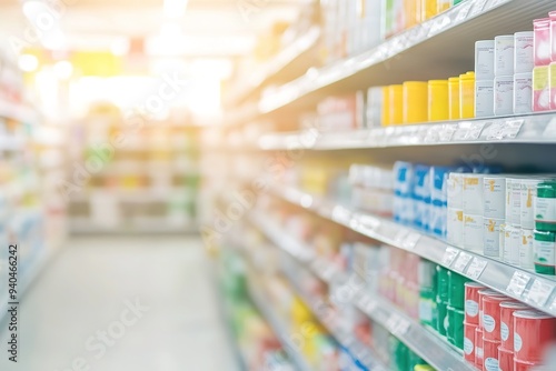 Wallpaper Mural Bright supermarket shelves with colorful product packaging Torontodigital.ca
