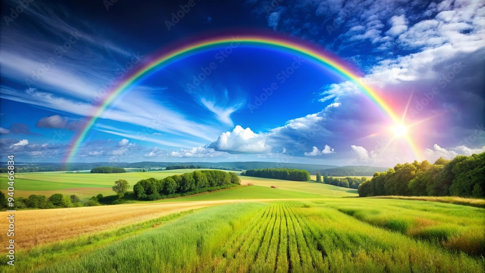 Summer landscape with a colorful rainbow arching over lush green fields and a clear blue sky , rainbow, summer, landscape Summer landscape with a colorful rainbow arching over lush green fields and a clear blue sky , rainbow, summer, landscape