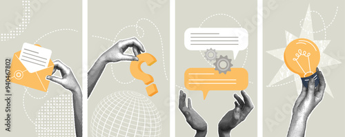 Set of trendy halftone business concept collages. Vector illustrations of idea, feedback, writing, planning, teamwork. Creative concepts for web banner, social media, business presentation, marketing.