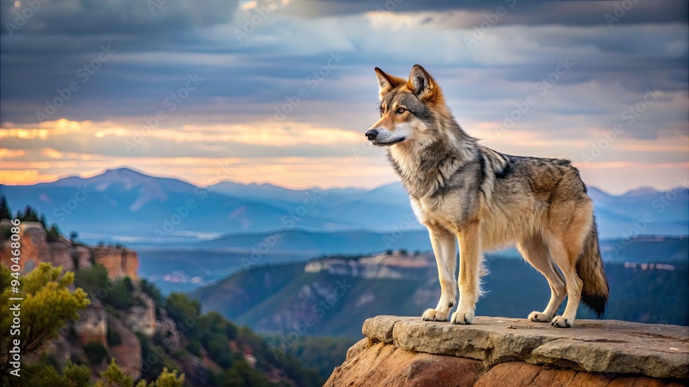 Mexican Grey Wolf standing on rocky ledge overlooking landscape, Mexican Grey Wolf, rocks, wildlife, wilderness Mexican Grey Wolf standing on rocky ledge overlooking landscape, Mexican Grey Wolf, rocks, wildlife, wilderness