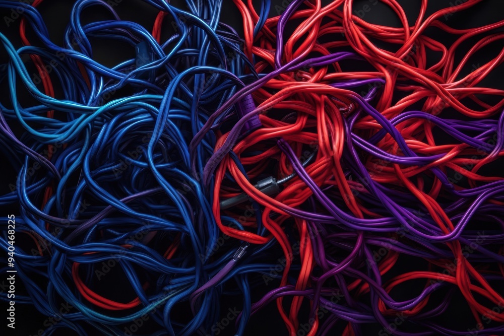 An artistic interpretation of tangled wires, symbolizing mental fatigue, sleepiness, and tech overload syndrome. An artistic interpretation of tangled wires, symbolizing mental fatigue, sleepiness, and tech overload syndrome.