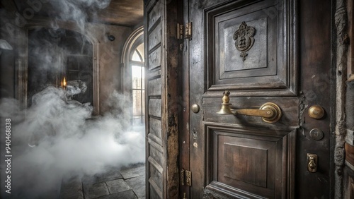 The heavy oak door creaks open onto a shroud of luminescent fog, revealing an antique brass handle set against dilapidated wood, exuding foreboding. photo