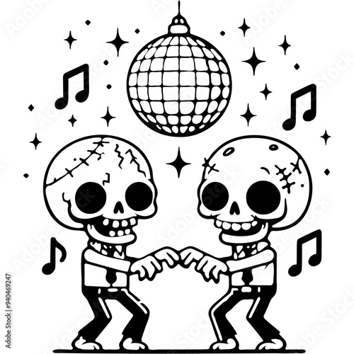 Couple of funny Zombies dancing at a disco under a disco ball in monochrome. Simple minimalistic vector in black ink drawing on transparent background