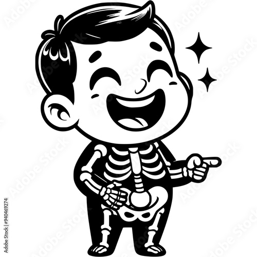 Boy dressed as skeleton laughs cheerfully, holds his stomach and points his finger forward in monochrome. Simple minimalistic vector in black ink drawing on transparent background