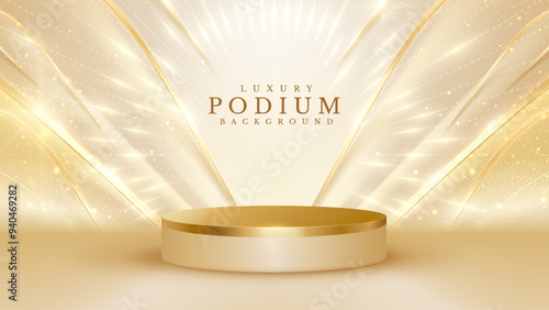 Luxury gold podium for show products with ribbons decorations and glitter light effects and bokeh.