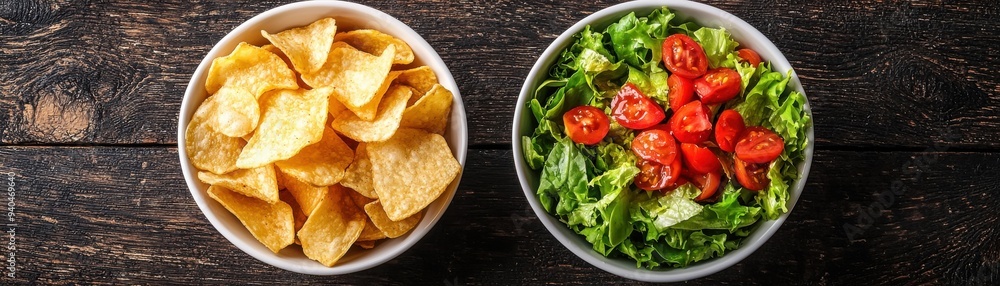A tempting arrangement of crispy chips and fresh salad, perfect for a wholesome meal or snack inspiration. A tempting arrangement of crispy chips and fresh salad, perfect for a wholesome meal or snack inspiration.