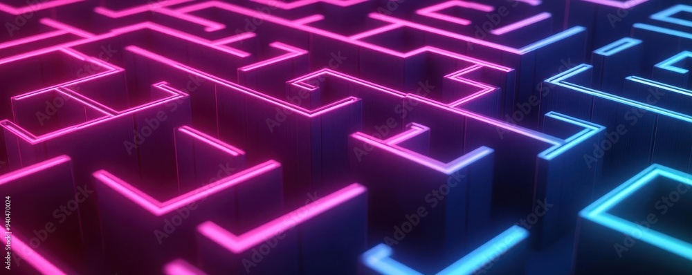 A glowing 3D maze with paths lit in neon light, 3D glow, maze, puzzle A glowing 3D maze with paths lit in neon light, 3D glow, maze, puzzle