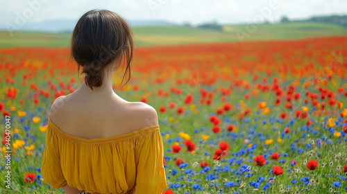 woman’s back amidst a vibrant flower field, embodying peace, nature’s beauty, and introspection