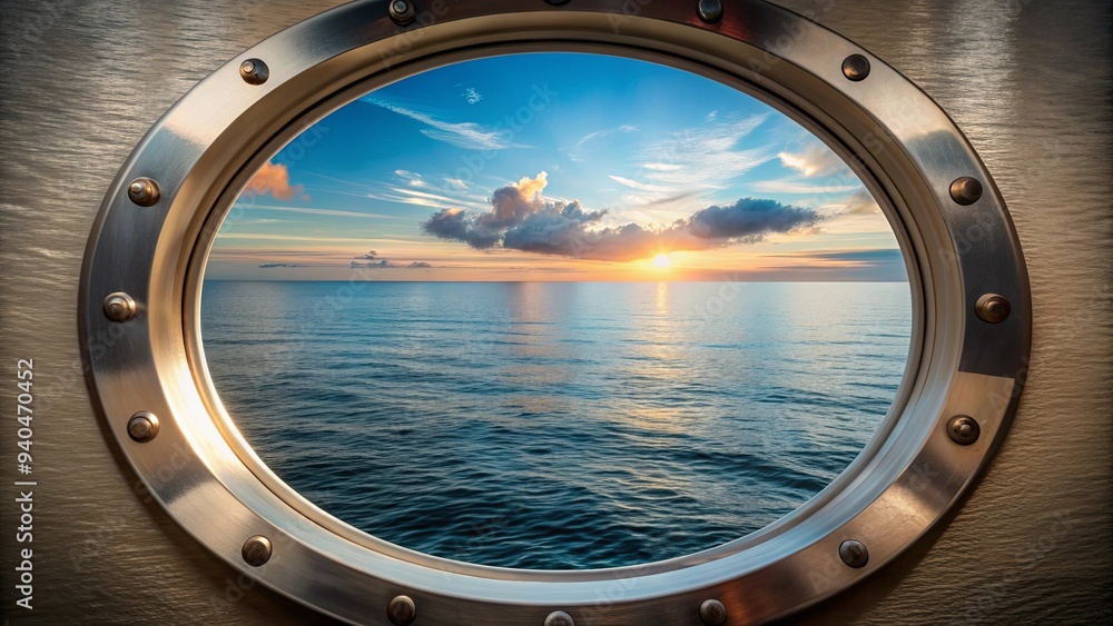 Fototapeta premium Porthole of a ship with a beautiful view of the sea, ocean, maritime, travel, vacation, portal, window, lookout, nautical