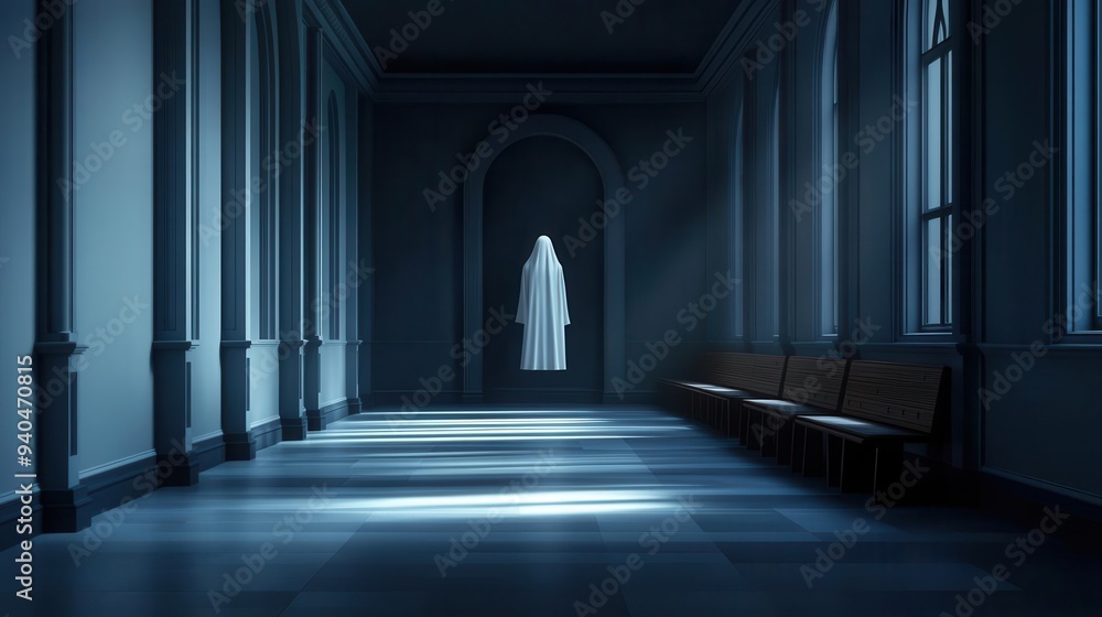 A hauntingly serene interior scene with a ghostly figure suspended in ethereal light, evoking mystery and intrigue. A hauntingly serene interior scene with a ghostly figure suspended in ethereal light, evoking mystery and intrigue.