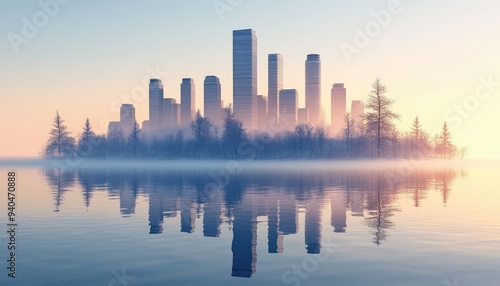 Cityscape reflected on still water. This image is perfect for illustrating tranquility or the peaceful nature of urban environments.