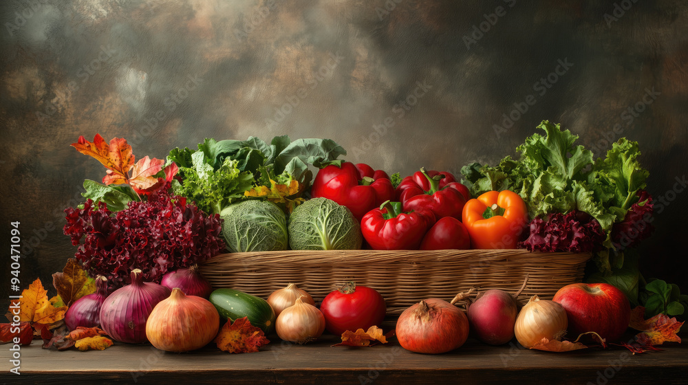 autumn harvest in a basket on a wooden table autumn harvest in a basket on a wooden table