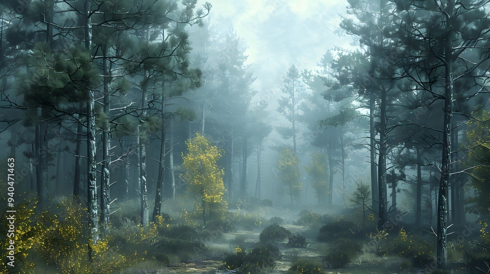 Obraz premium a dense pine forest covered in thick fog in the morning with a footpath through it