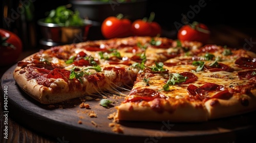 Wallpaper Mural full pizza with vegetables and meat on wooden table with blur background Torontodigital.ca