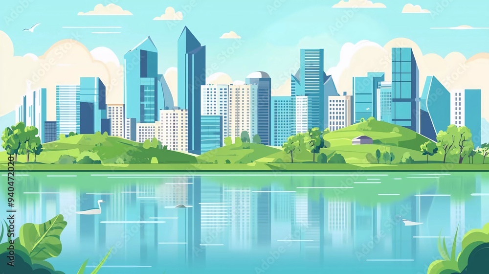Fototapeta premium City Landscape with Buildings, River, Hills and Trees. Seaside Cityscape with Modern Architecture. Day Skyline Panorama. Sea and City Park. Urban panoramic landscape. Flat Vector Illustration which br