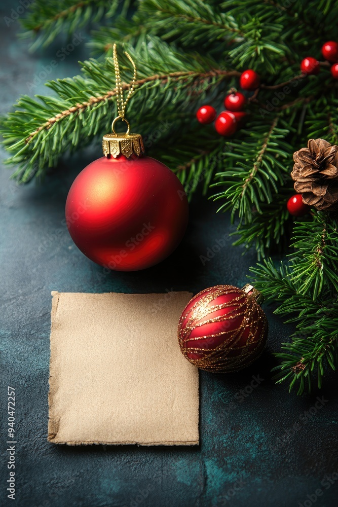 Red Christmas ball on a branch with paper. This festive image is ideal for greeting cards, invitations, and social media posts. Red Christmas ball on a branch with paper. This festive image is ideal for greeting cards, invitations, and social media posts.