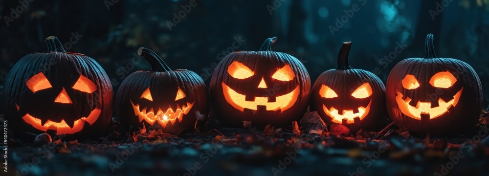 Glowing Jack-o'-Lanterns in a Dark Forest Setting Glowing Jack-o'-Lanterns in a Dark Forest Setting