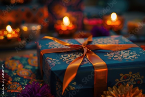 A beautifully wrapped gift box with diya lights, representing the festive spirit of an event on the table with burning candle, ribbons, berries and snowflakes drawn photo