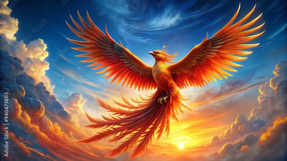 Obraz premium Majestic Firebird soaring through the sky with fiery plumage, mythical, bird, legend, mythical creature, phoenix, flames