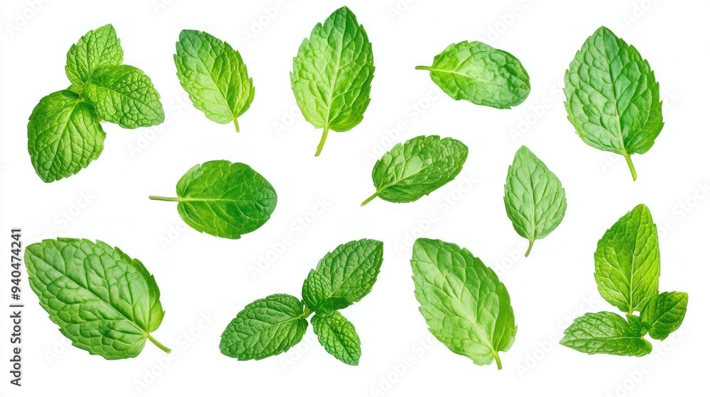 A Collection of Fresh Green Mint Leaves Isolated on White Background A Collection of Fresh Green Mint Leaves Isolated on White Background