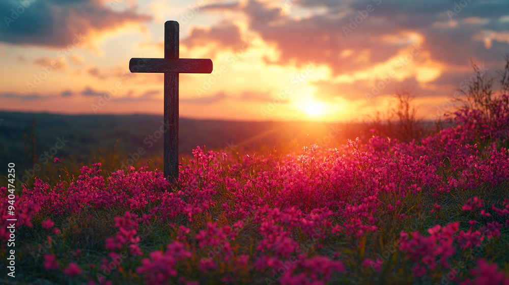 Christian cross stands on a vibrant, flowering hill under a clear blue sky, symbolizing hope, faith, and renewal amidst the beauty of nature Christian cross stands on a vibrant, flowering hill under a clear blue sky, symbolizing hope, faith, and renewal amidst the beauty of nature