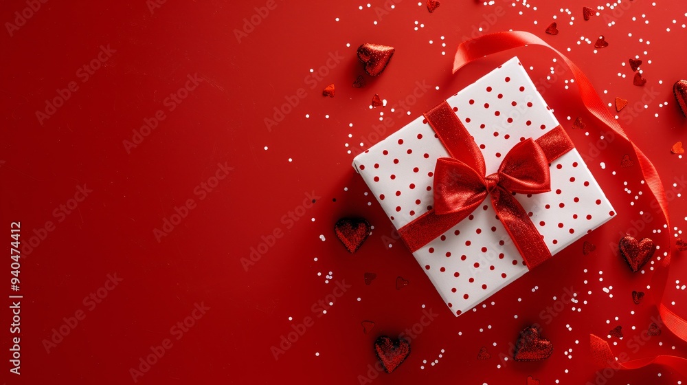 2. Flat lay image of a white gift box with red polka dots and a red ribbon bow, scattered small red heart decorations and tiny confetti hearts, solid red background, Valentine's Day theme, minimalist 2. Flat lay image of a white gift box with red polka dots and a red ribbon bow, scattered small red heart decorations and tiny confetti hearts, solid red background, Valentine's Day theme, minimalist