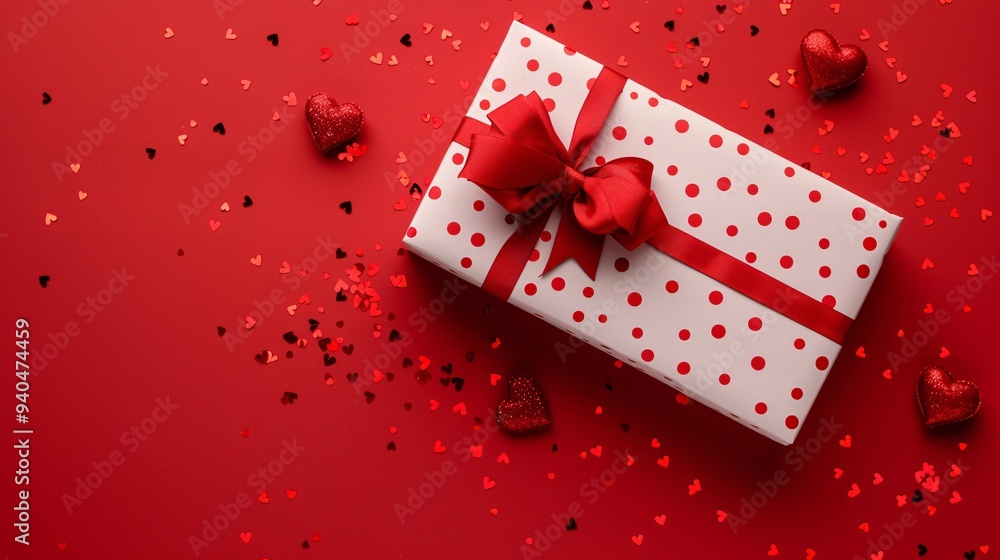 Fototapeta premium 2. Flat lay image of a white gift box with red polka dots and a red ribbon bow, scattered small red heart decorations and tiny confetti hearts, solid red background, Valentine's Day theme, minimalist