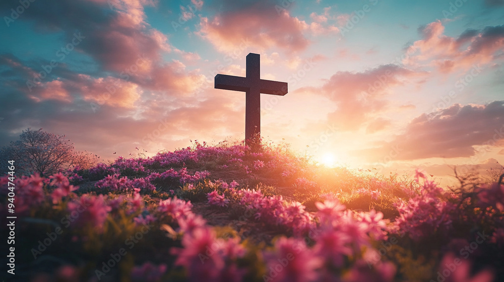 Christian cross stands on a vibrant, flowering hill under a clear blue sky, symbolizing hope, faith, and renewal amidst the beauty of nature Christian cross stands on a vibrant, flowering hill under a clear blue sky, symbolizing hope, faith, and renewal amidst the beauty of nature