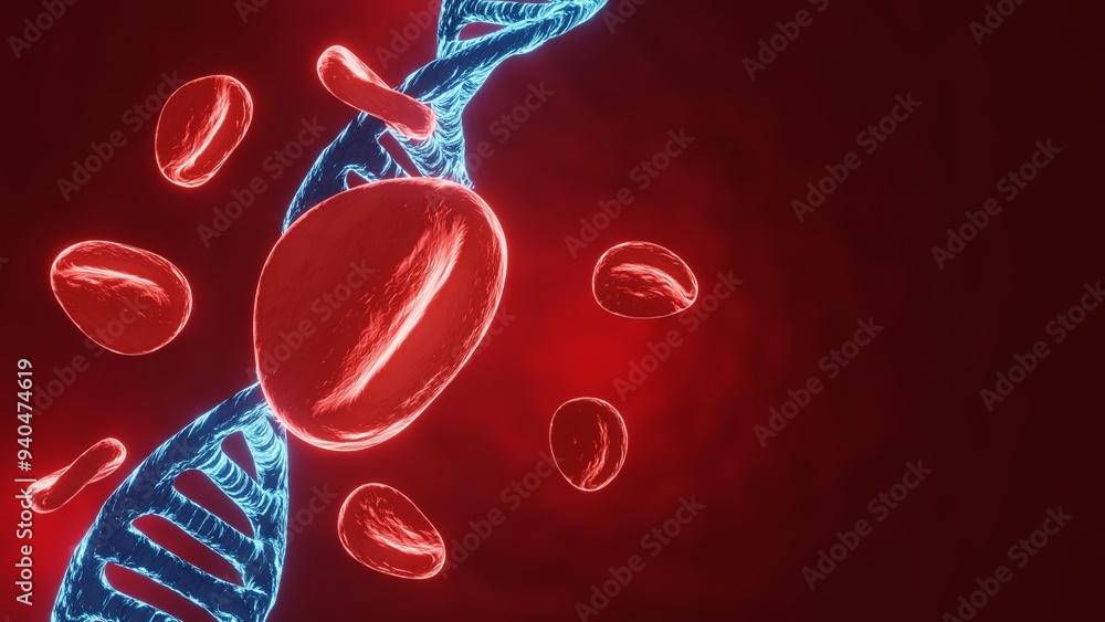 Fototapeta premium Blood cell with DNA molecule structure on red background. 3d-rendering