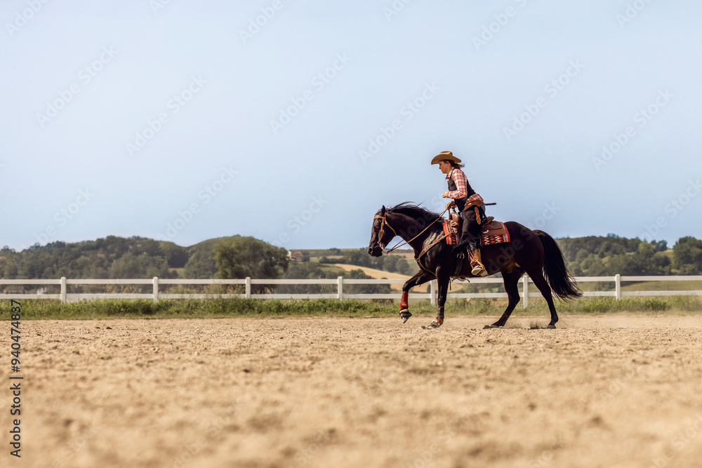 Western riding concept: A young woman and her black quarter horse stallion doing some reining dressage lessons and interacting together Western riding concept: A young woman and her black quarter horse stallion doing some reining dressage lessons and interacting together