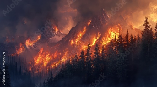 Forest fire in the mountains