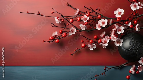 top view of chinese new year background with flower oranament and red background photo