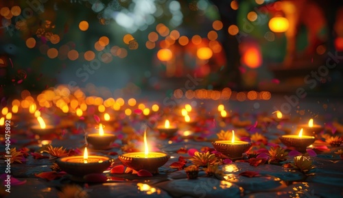 A beautifully decorated platter of oil lamps, each lit and glowing with vibrant colors. The lamps were decorated in the style of traditional Indian art.