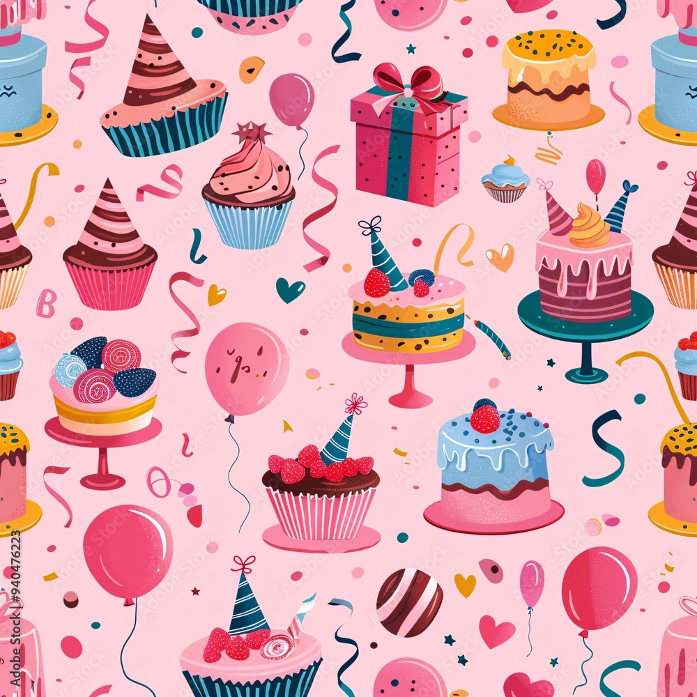 3. Pink background birthday party seamless pattern, colorful cartoon illustrations, gift boxes, balloons, party hats, cupcakes, cakes on stands, confetti, streamers, macarons, heart-shaped balloons, 3. Pink background birthday party seamless pattern, colorful cartoon illustrations, gift boxes, balloons, party hats, cupcakes, cakes on stands, confetti, streamers, macarons, heart-shaped balloons,