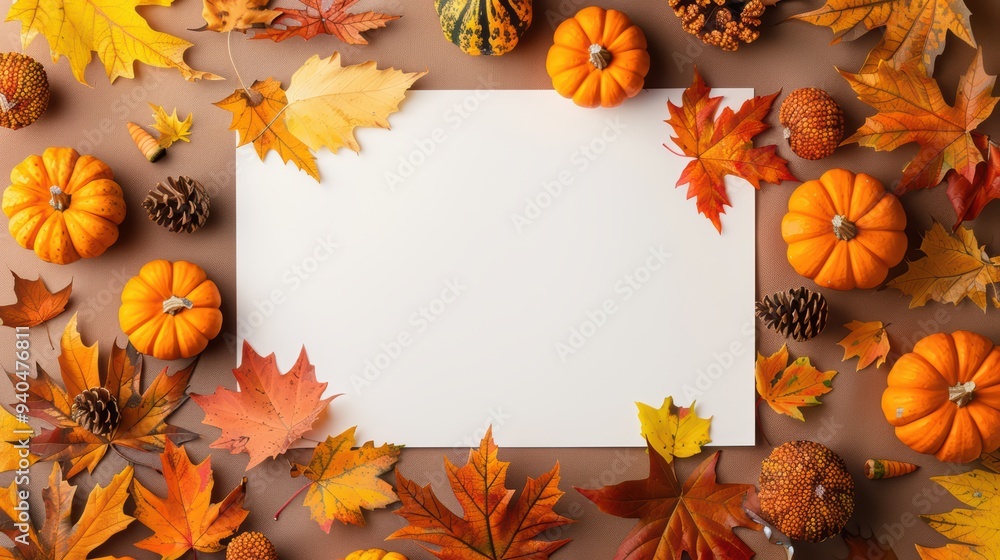 Autumn Harvest Frame with Pumpkins, Leaves, and Pinecones on Brown Background Autumn Harvest Frame with Pumpkins, Leaves, and Pinecones on Brown Background