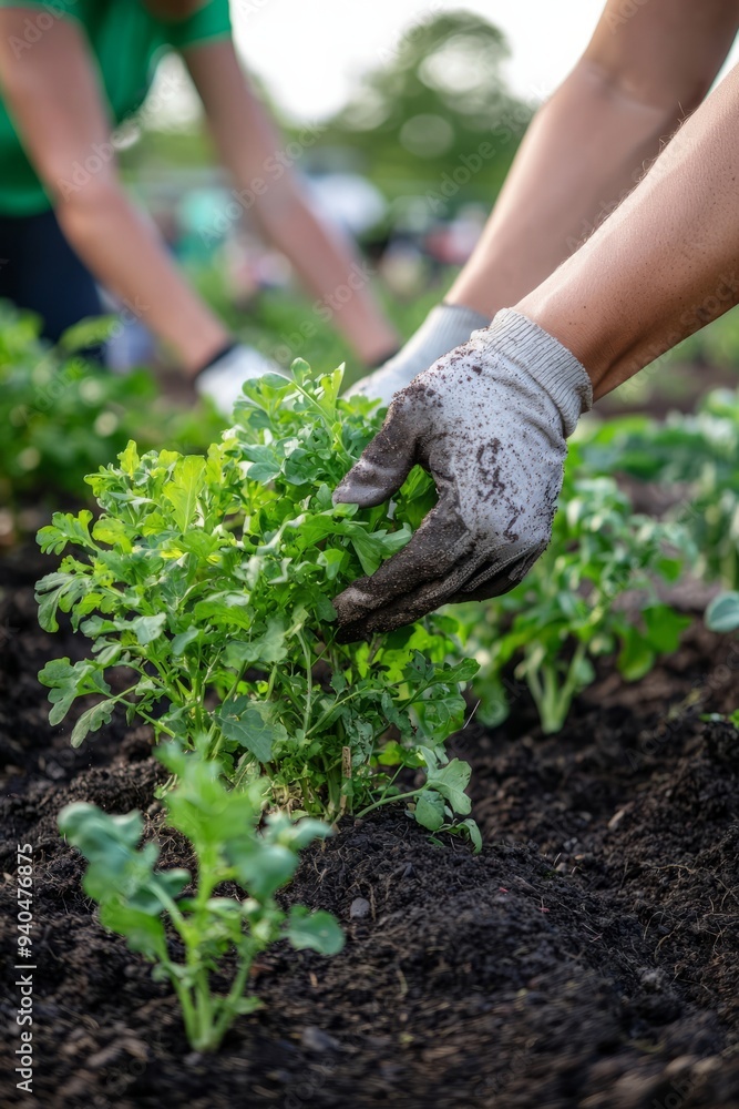 Fototapeta premium A community garden where people of different backgrounds work side by side, planting and harvesting vegetables