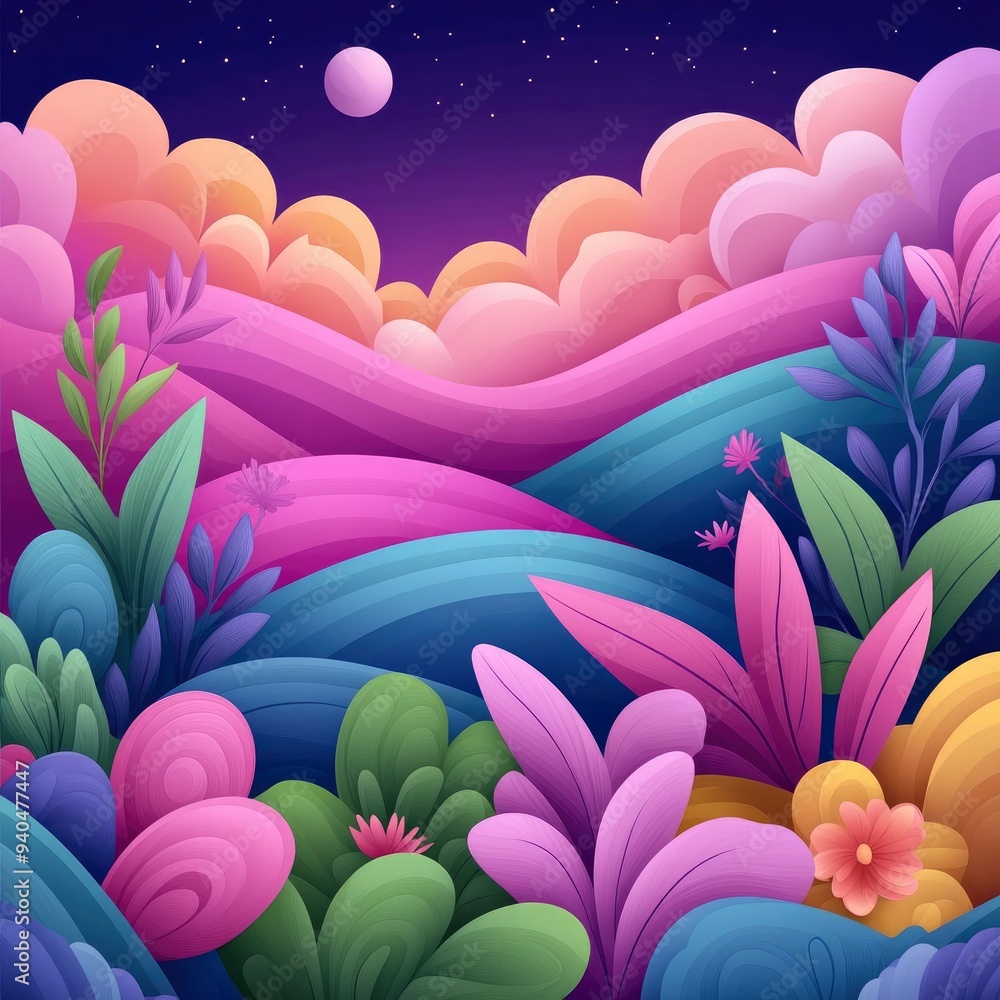 Fototapeta premium Dreamy Night Sky with Colorful Hills and Blooming Flowers