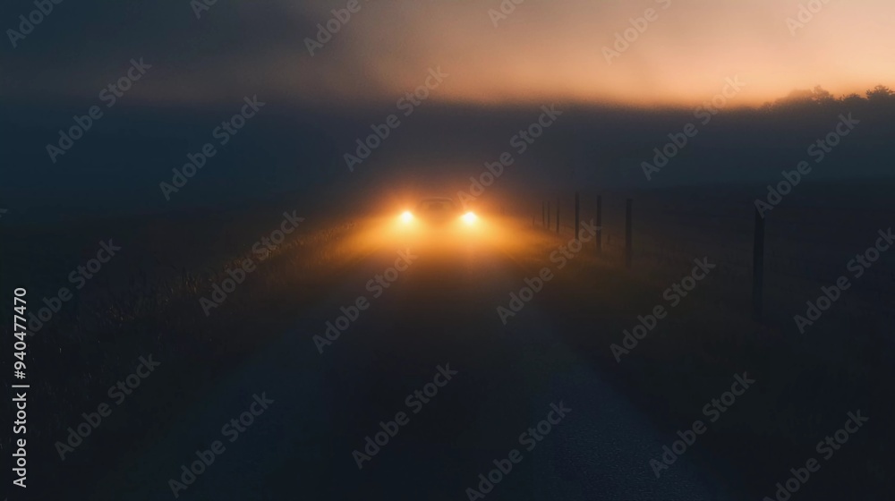 Headlight light glowing in the fog on a country road at sunset which is very beautiful Headlight light glowing in the fog on a country road at sunset which is very beautiful