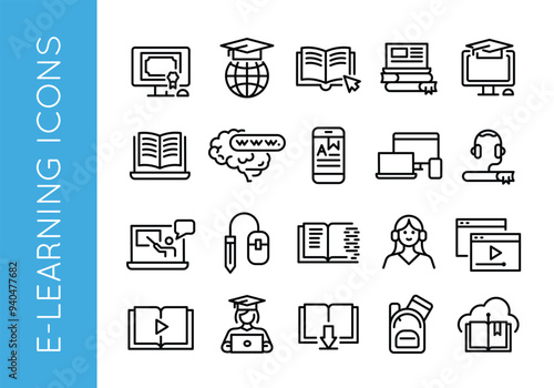 E-learning icons. Set of 20 trendy minimal icons representing various aspects of online education and digital learning. Laptop and books, graduation cap, online classroom icon. Vector illustration.