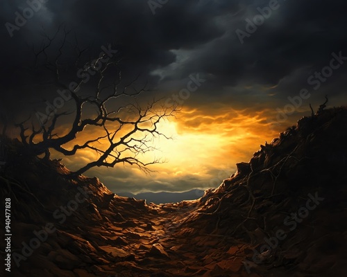 Dramatic landscape with a fiery sunset breaking through dark storm clouds, illuminating a barren, rocky terrain with a twisted, leafless tree. photo